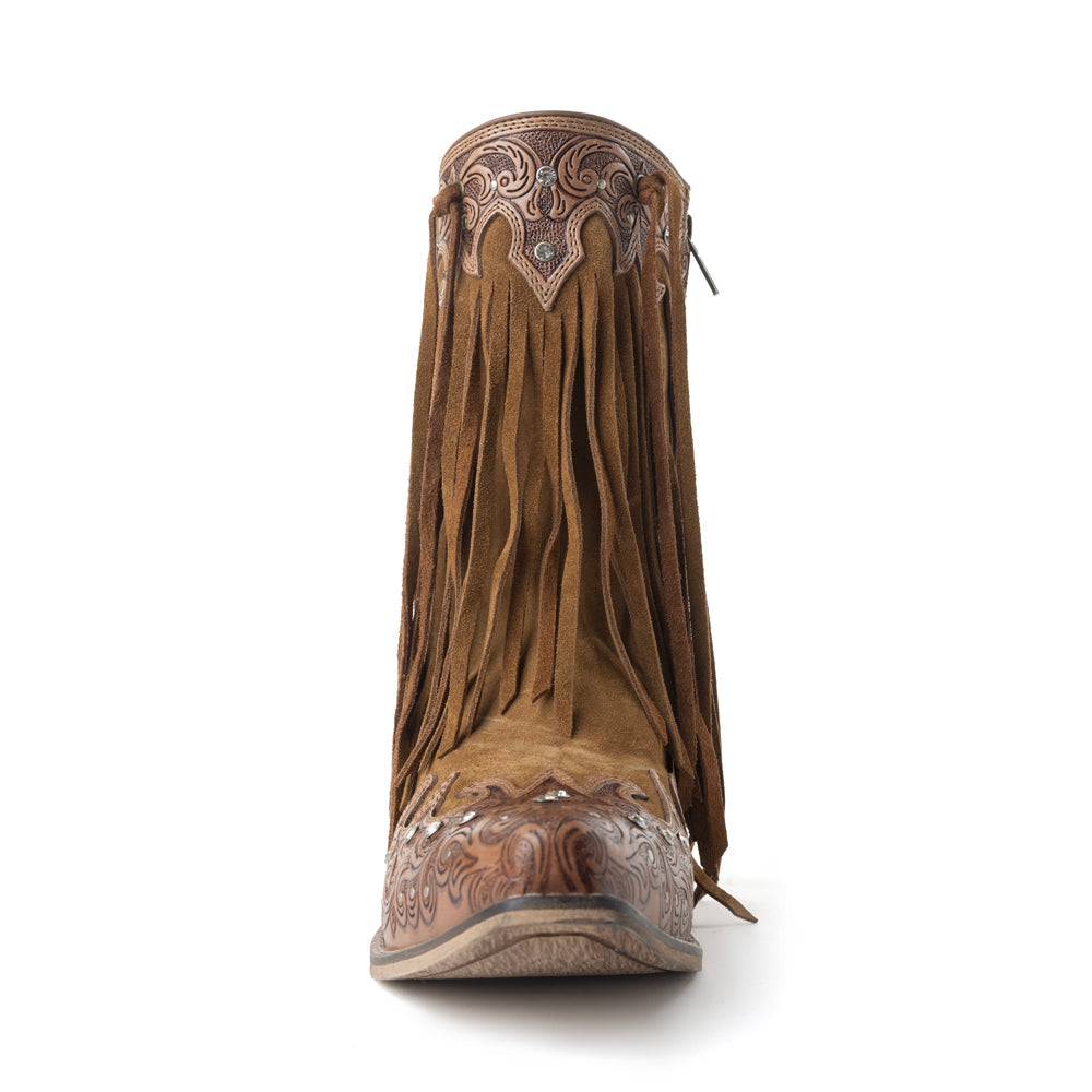 Myra Goldrush Gleam Fringed Handtooled Leather Boots in Dusty Oak - Myra USA