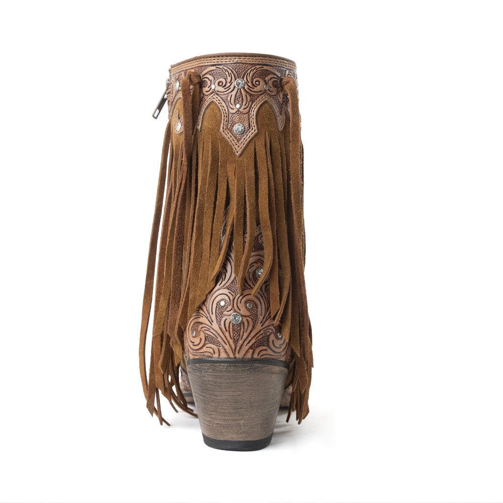 Myra Goldrush Gleam Fringed Handtooled Leather Boots in Dusty Oak - Myra USA