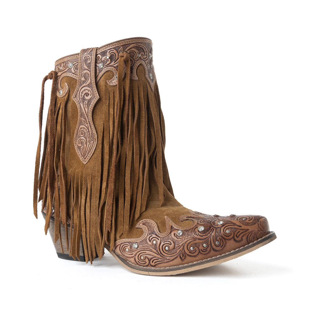 Myra Goldrush Gleam Fringed Handtooled Leather Boots in Dusty Oak - Myra USA