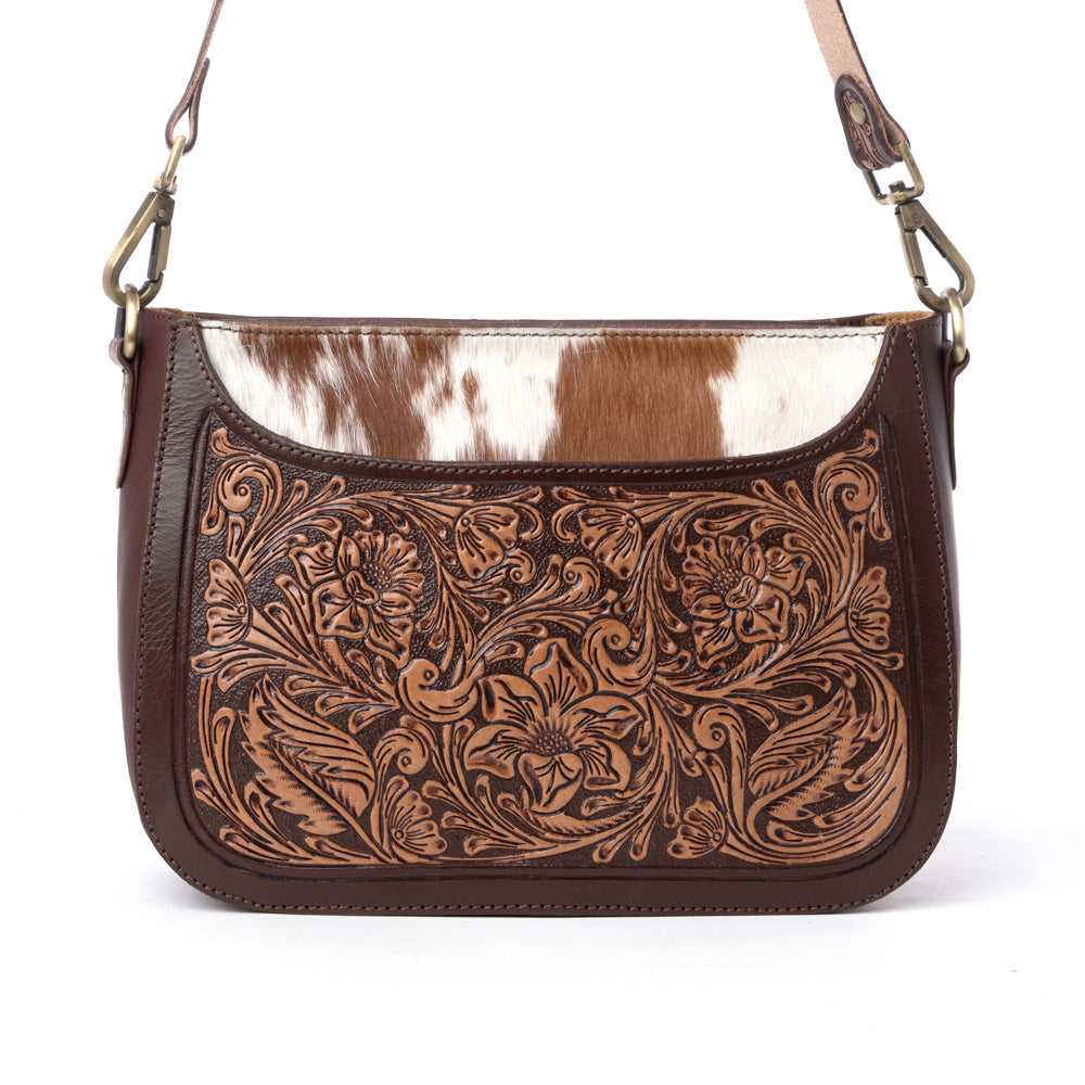 Myra Copper Crest Handtooled Hairon Leather Clutch in Saddle Walnut - Myra USA