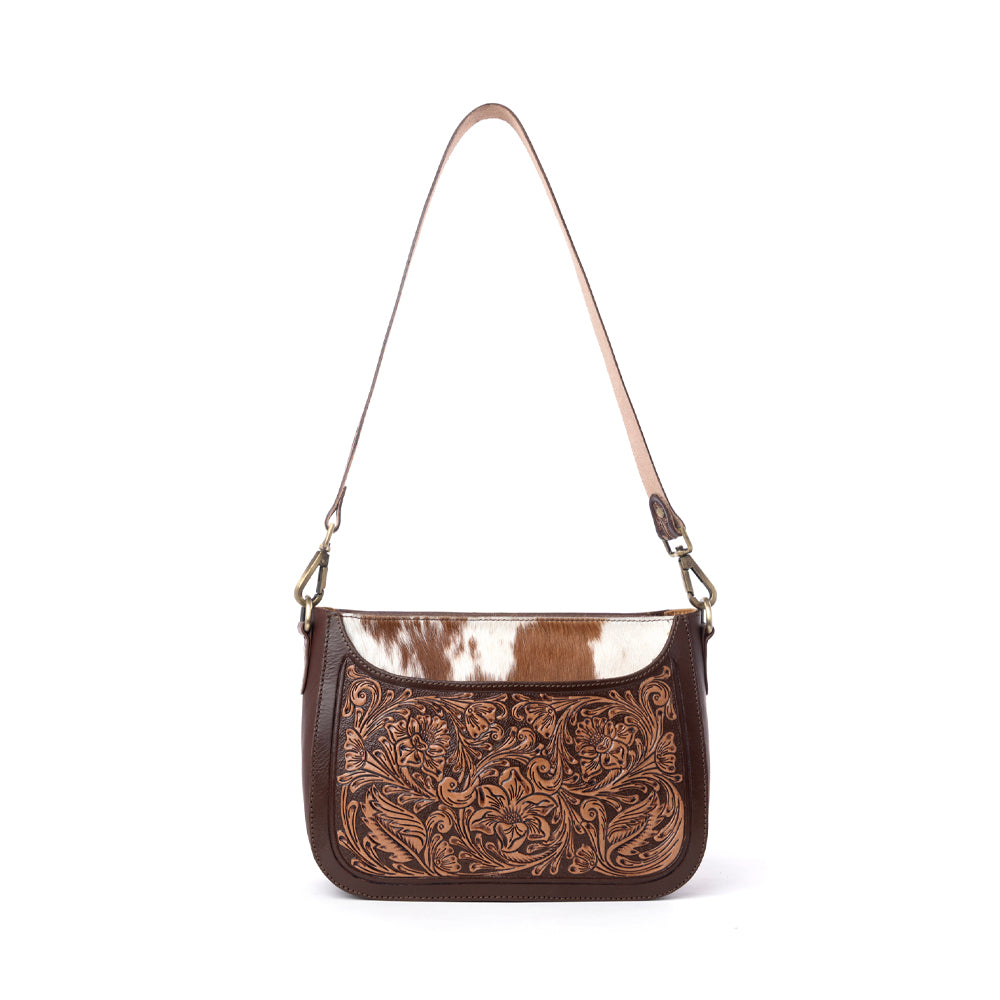 Myra Copper Crest Handtooled Hairon Leather Clutch in Saddle Walnut - Myra USA