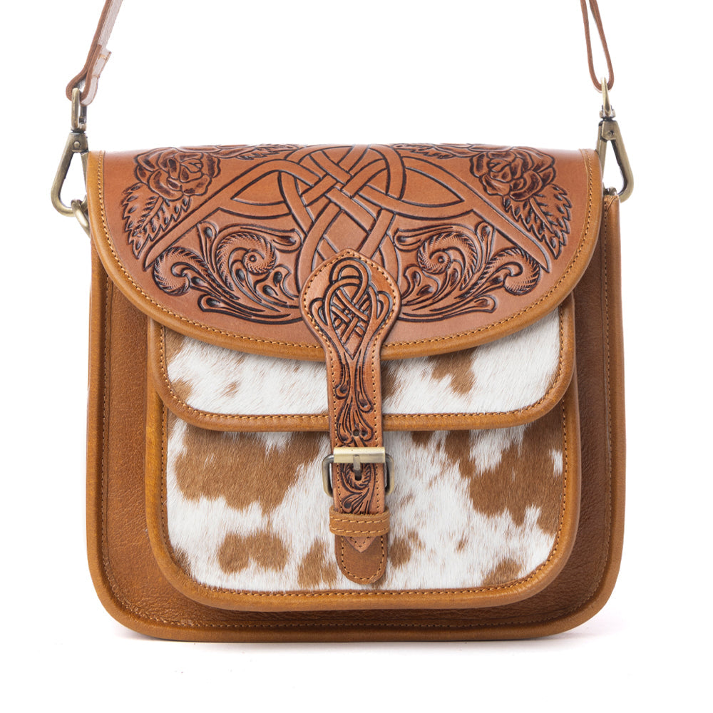 Myra Cedar Range Handtooled Hairon Buckle Leather Bag in Chestnut Ivory - Myra USA