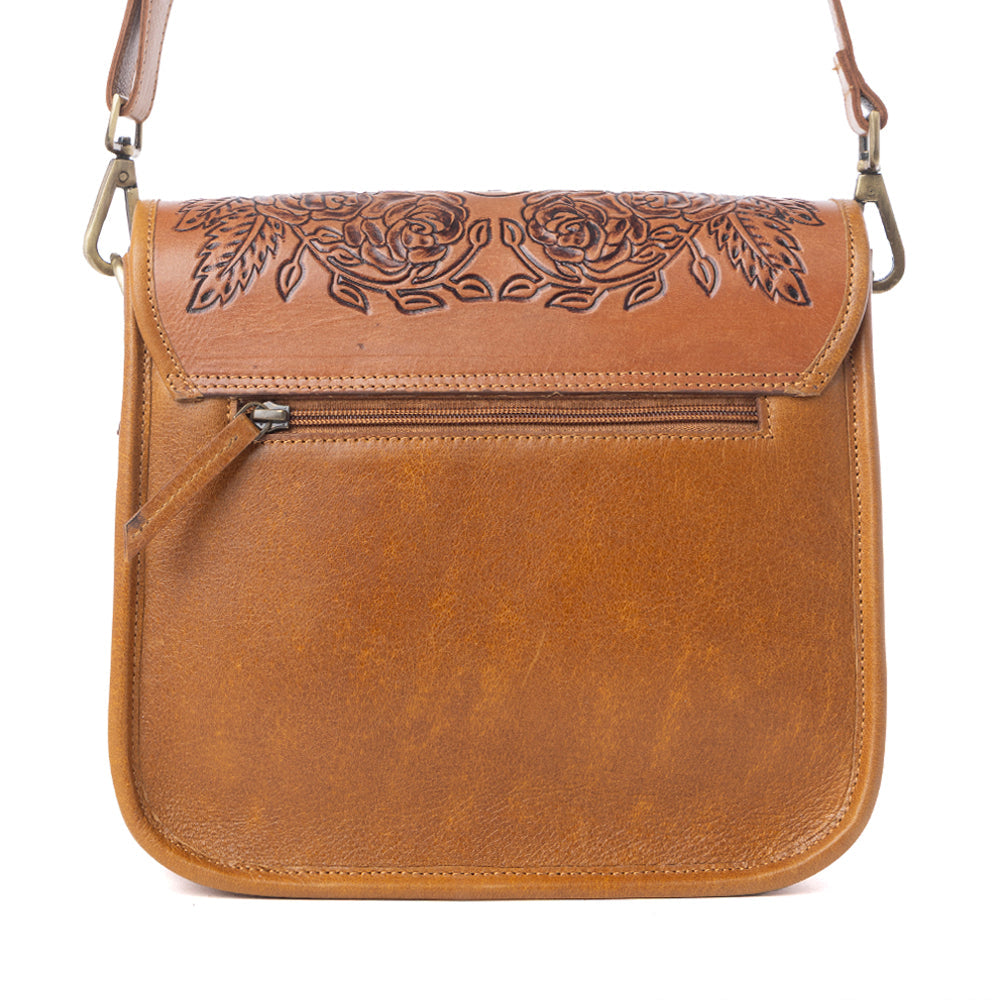 Myra Cedar Range Handtooled Hairon Buckle Leather Bag in Chestnut Ivory - Myra USA