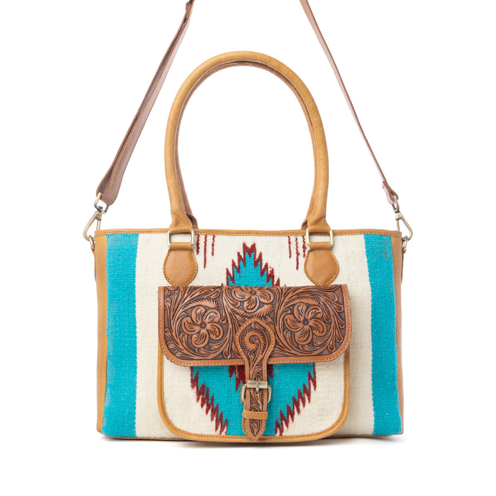 Myra Prairie Aztec Hairon Leather Bag with Front Pocket in Canyon Teal - Myra USA