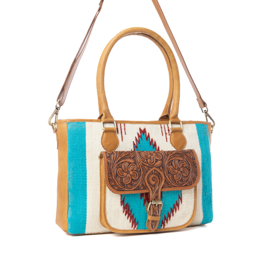 Myra Prairie Aztec Hairon Leather Bag with Front Pocket in Canyon Teal - Myra USA