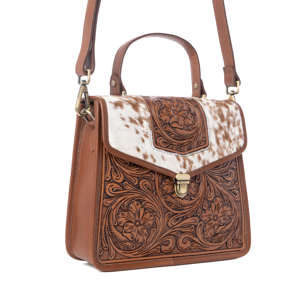Myra Duchess Hairon Handtooled Flap and Button Leather Satchel in Mocha Cream - Myra USA