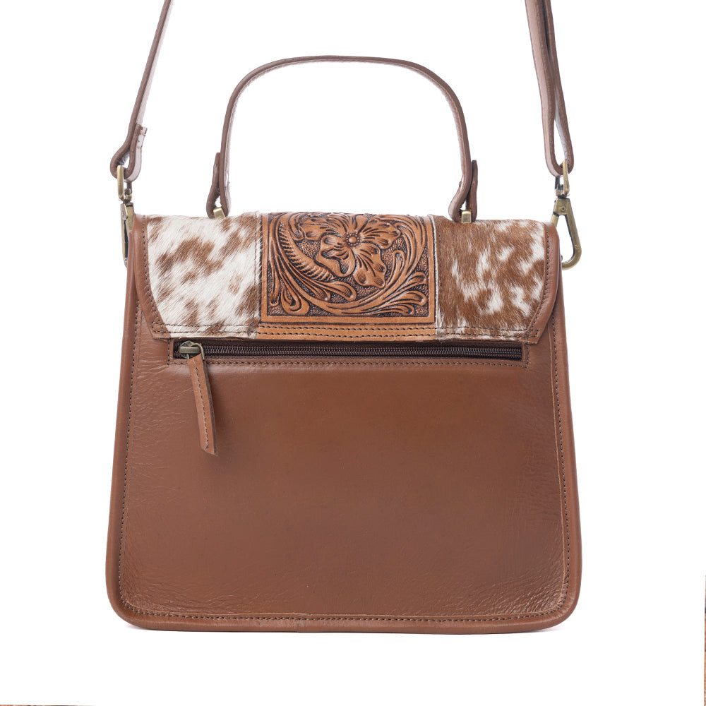Myra Duchess Hairon Handtooled Flap and Button Leather Satchel in Mocha Cream - Myra USA