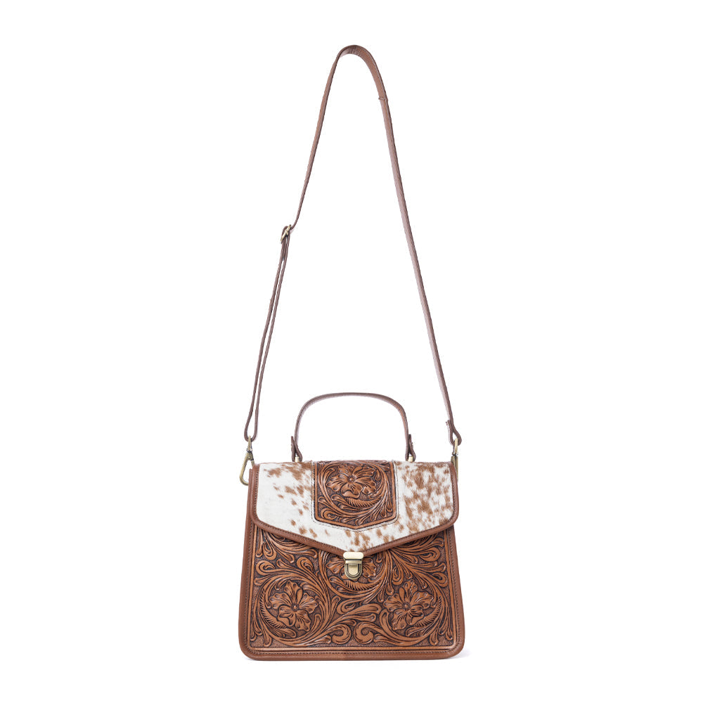 Myra Duchess Hairon Handtooled Flap and Button Leather Satchel in Mocha Cream - Myra USA