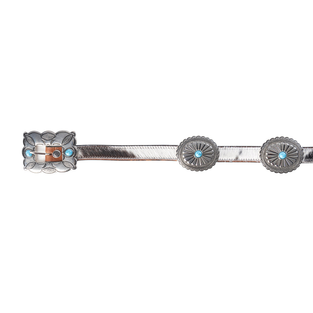 Floracrest Hairon Concho Belt for Women with Handtooling and Turquoise Stone Buckle - Myra USA