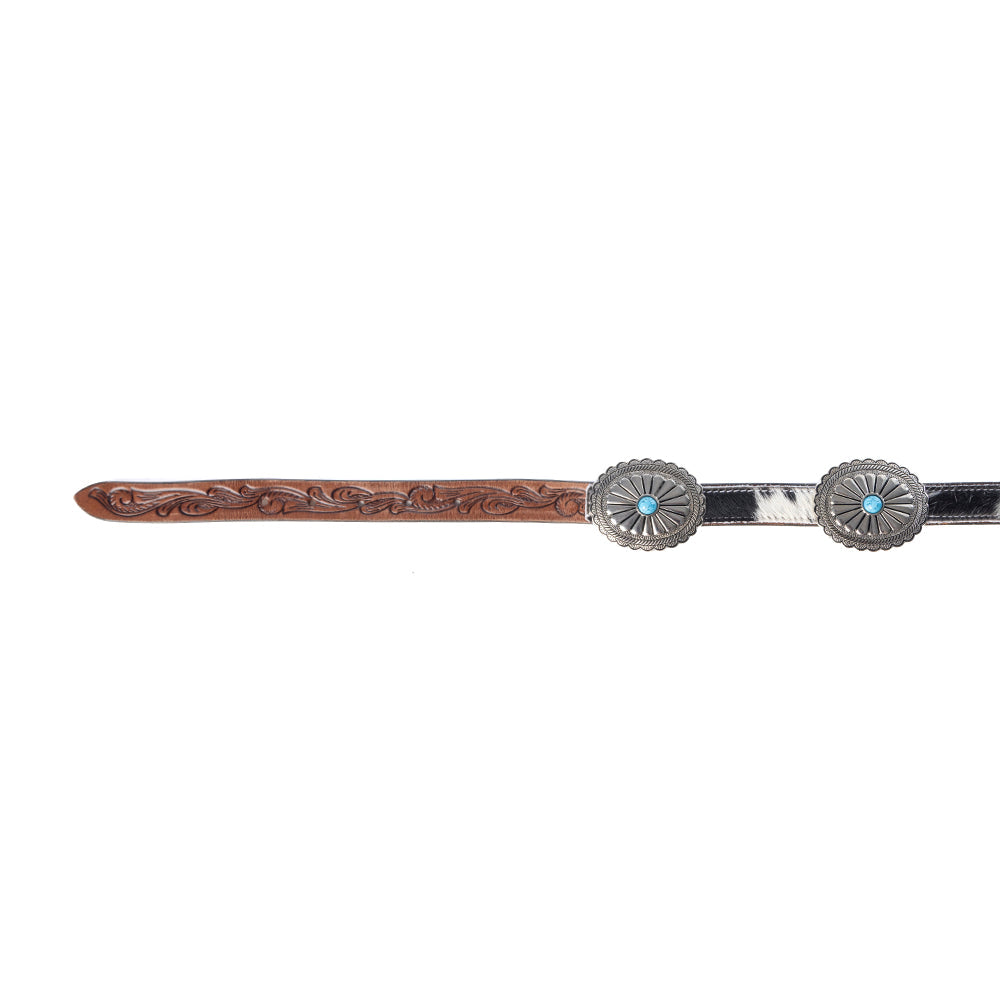Floracrest Hairon Concho Belt for Women with Handtooling and Turquoise Stone Buckle - Myra USA