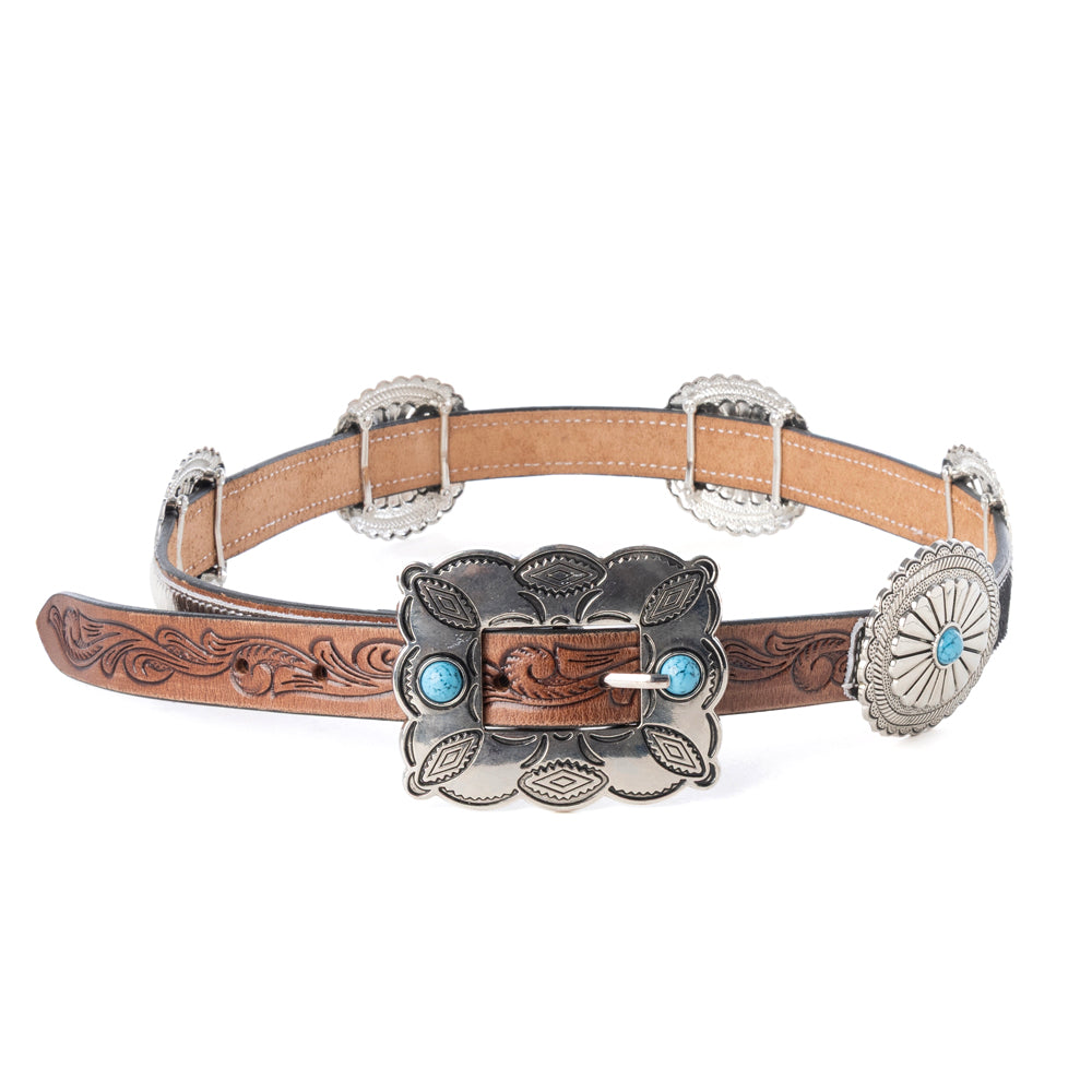 Floracrest Hairon Concho Belt for Women with Handtooling and Turquoise Stone Buckle - Myra USA