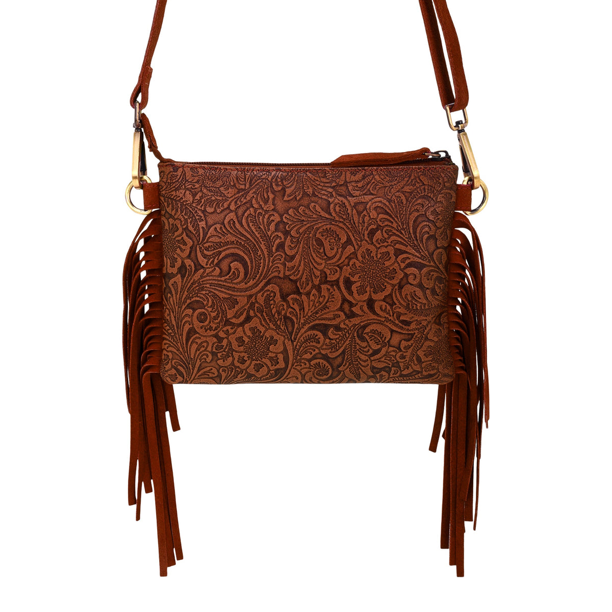 Myra Tasajillo Crossbody Bag for Women in brown with embossed leather and fringe - Myra USA