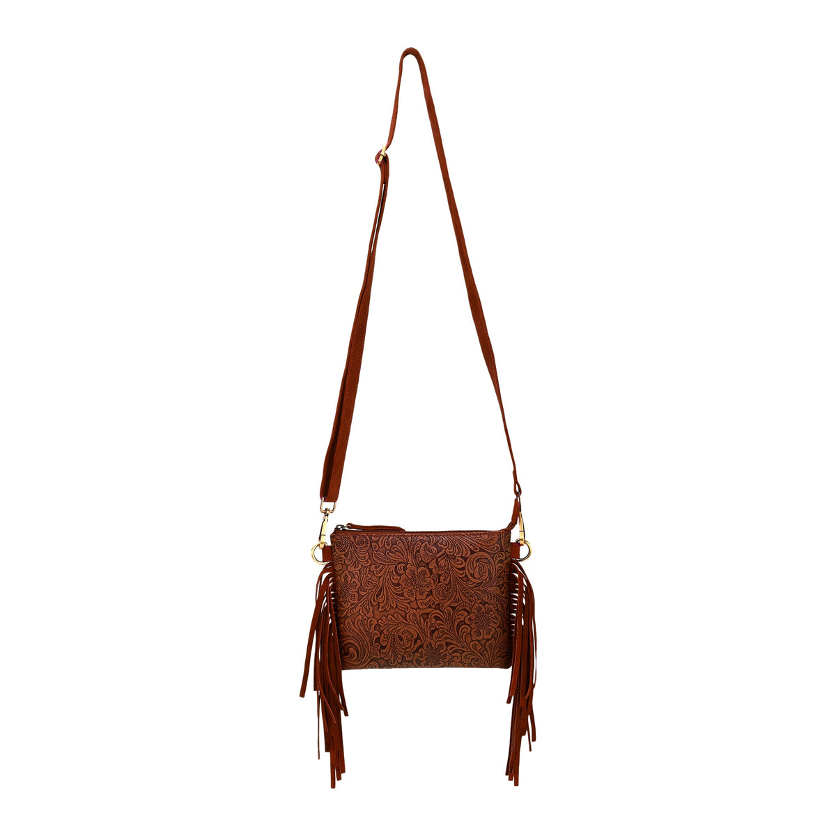 Myra Tasajillo Crossbody Bag for Women in brown with embossed leather and fringe - Myra USA