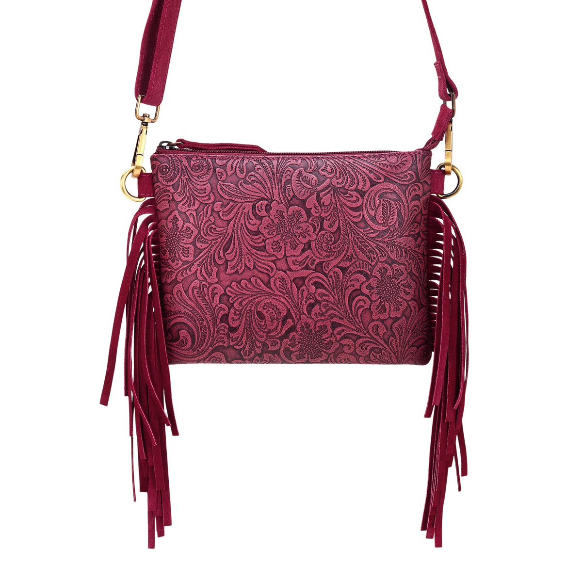 Myra Tasajillo Crossbody Bag for Women in berry with embossed leather and fringe - Myra USA