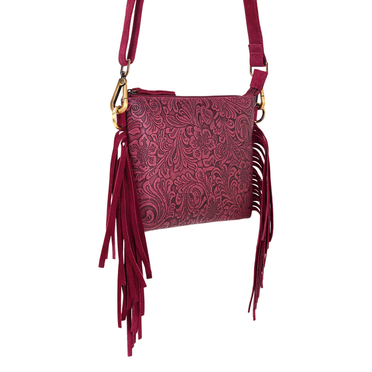 Myra Tasajillo Crossbody Bag for Women in berry with embossed leather and fringe - Myra USA