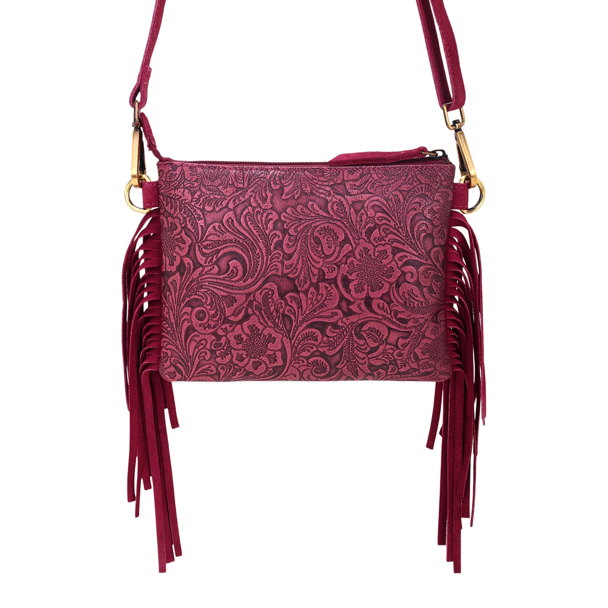 Myra Tasajillo Crossbody Bag for Women in berry with embossed leather and fringe - Myra USA