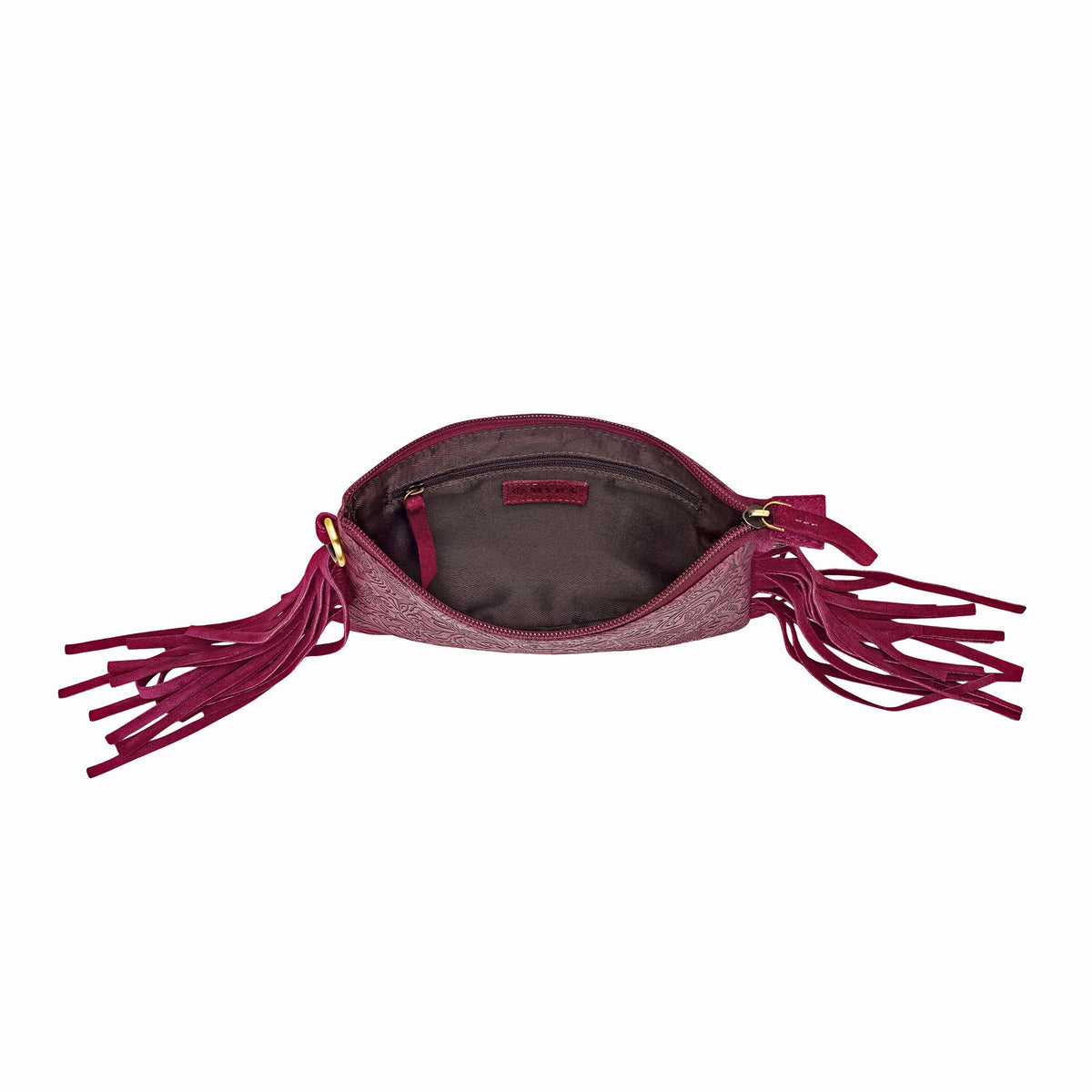 Myra Tasajillo Crossbody Bag for Women in berry with embossed leather and fringe - Myra USA