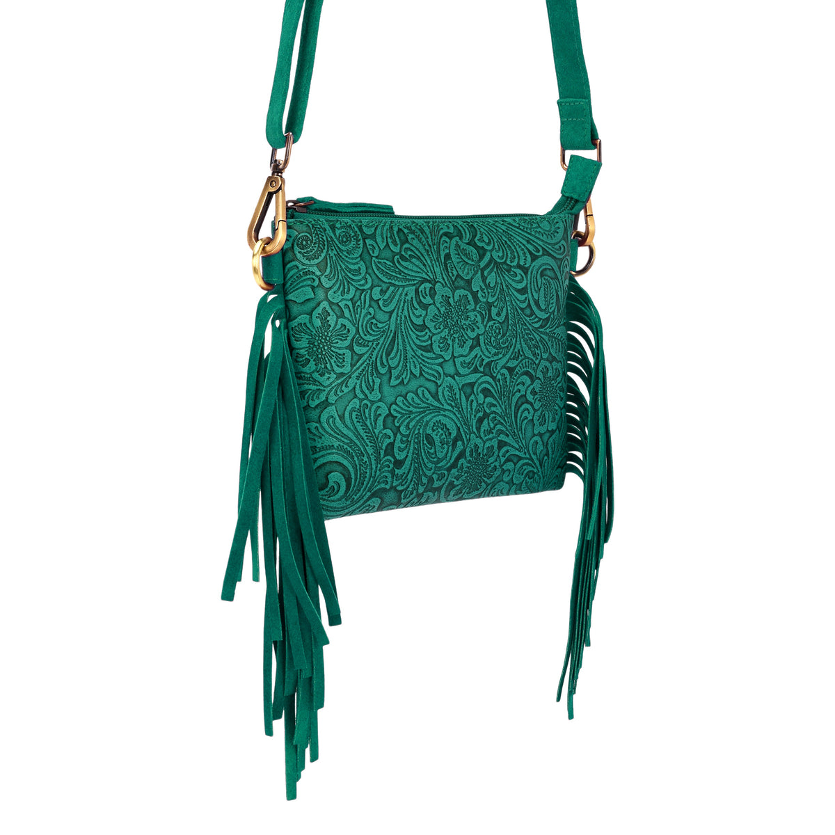 Myra Tasajillo Crossbody Bag for Women in green with embossed leather and fringe - Myra USA