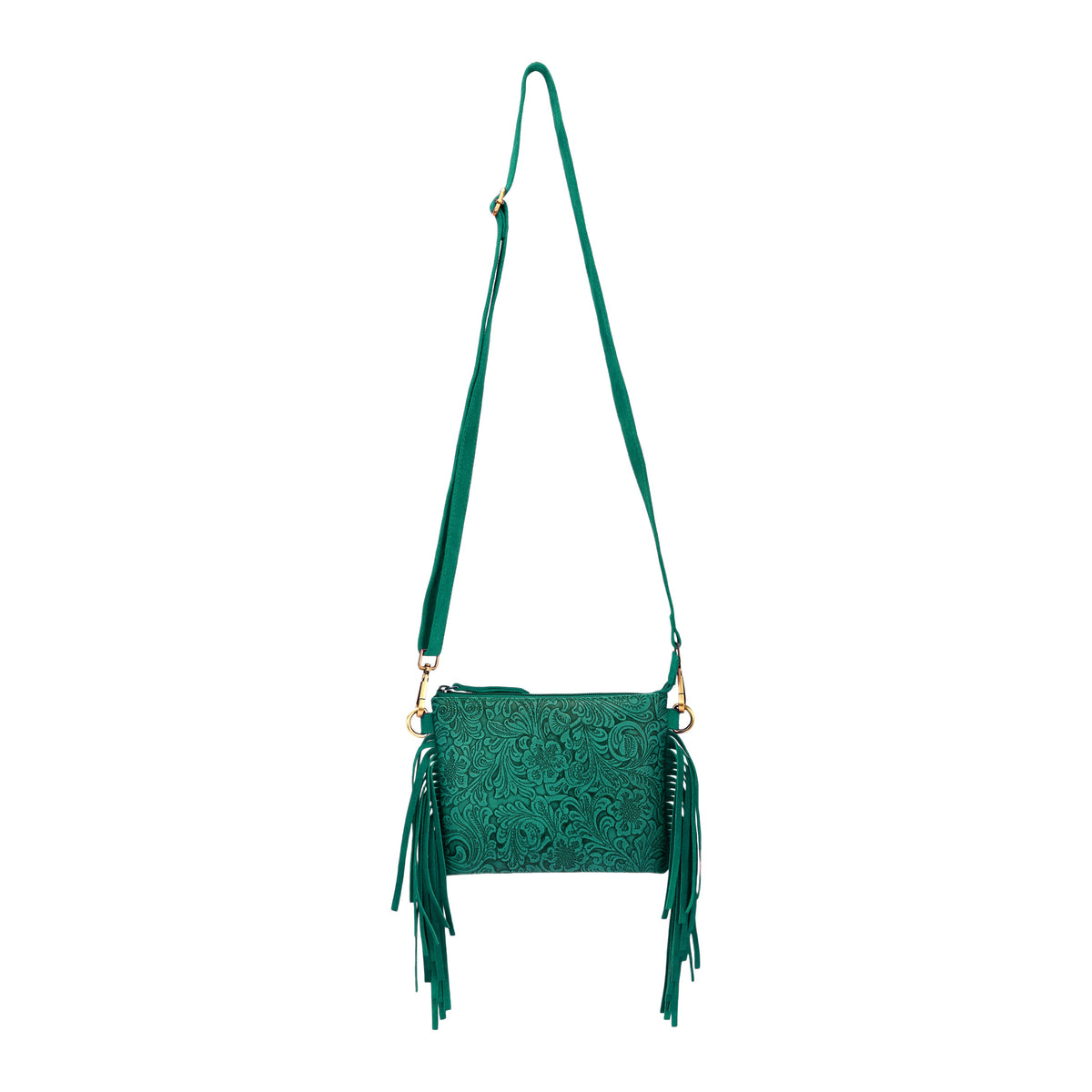 Myra Tasajillo Crossbody Bag for Women in green with embossed leather and fringe - Myra USA