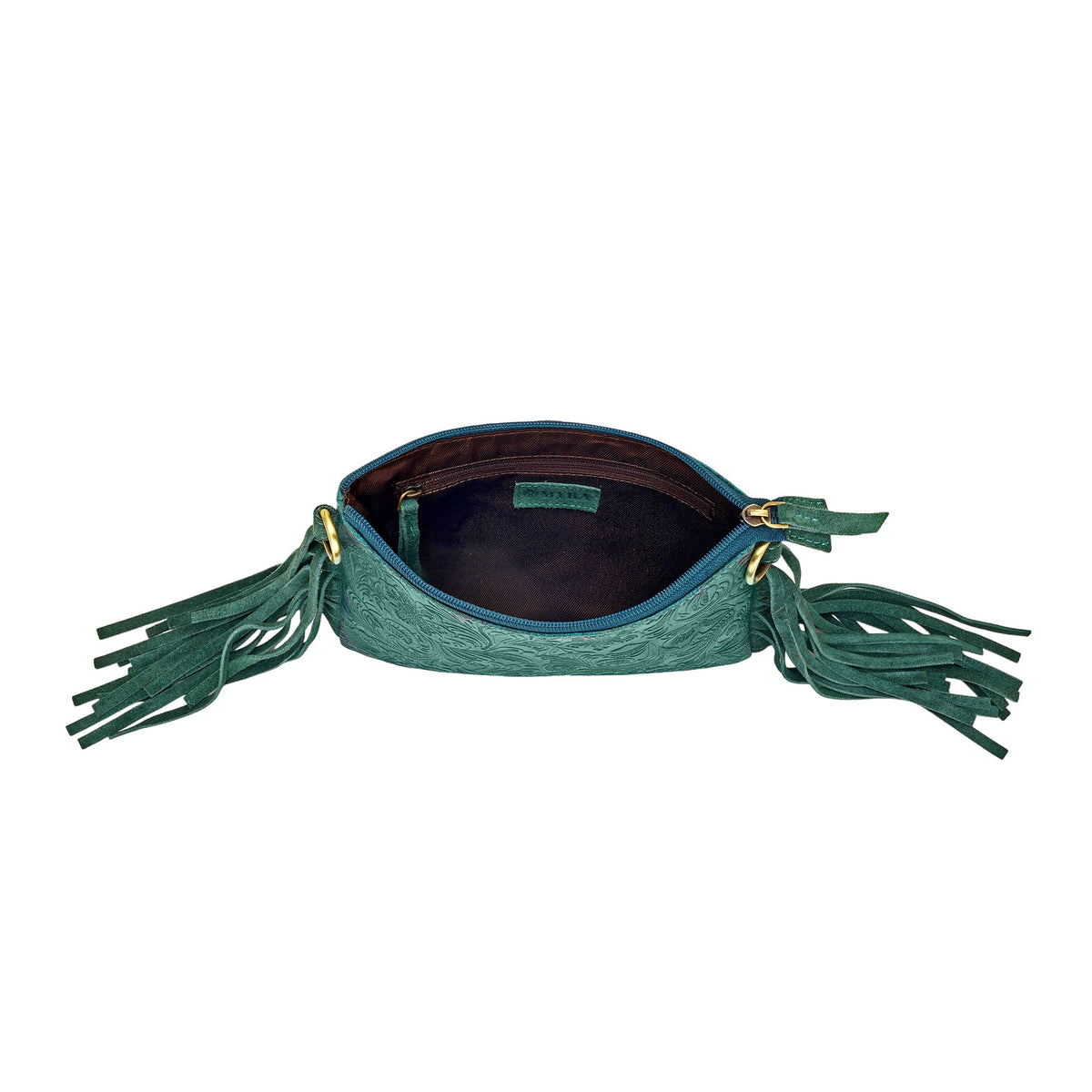 Myra Tasajillo Crossbody Bag for Women in green with embossed leather and fringe - Myra USA
