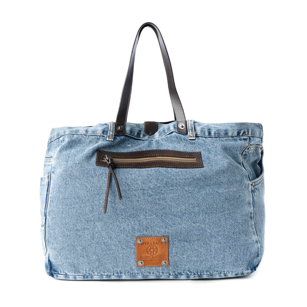 Billyjean Western denim Tote Bag for Women in denim blue with leather detail - Myra USA