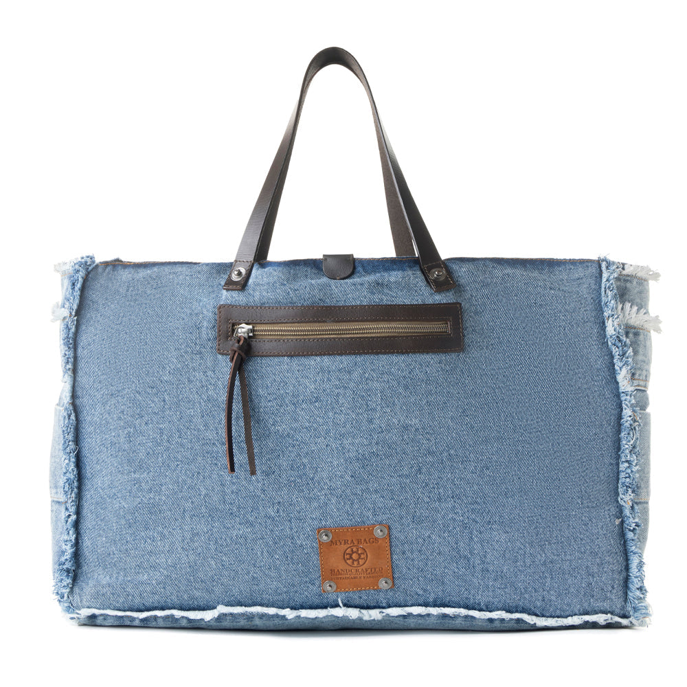 Frayed Frontier Western denim Tote Bag for Women in denim blue with fringe detail - Myra USA