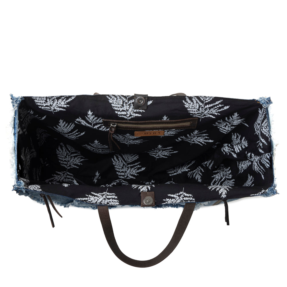 Frayed Frontier Western denim Tote Bag for Women in denim blue with fringe detail - Myra USA