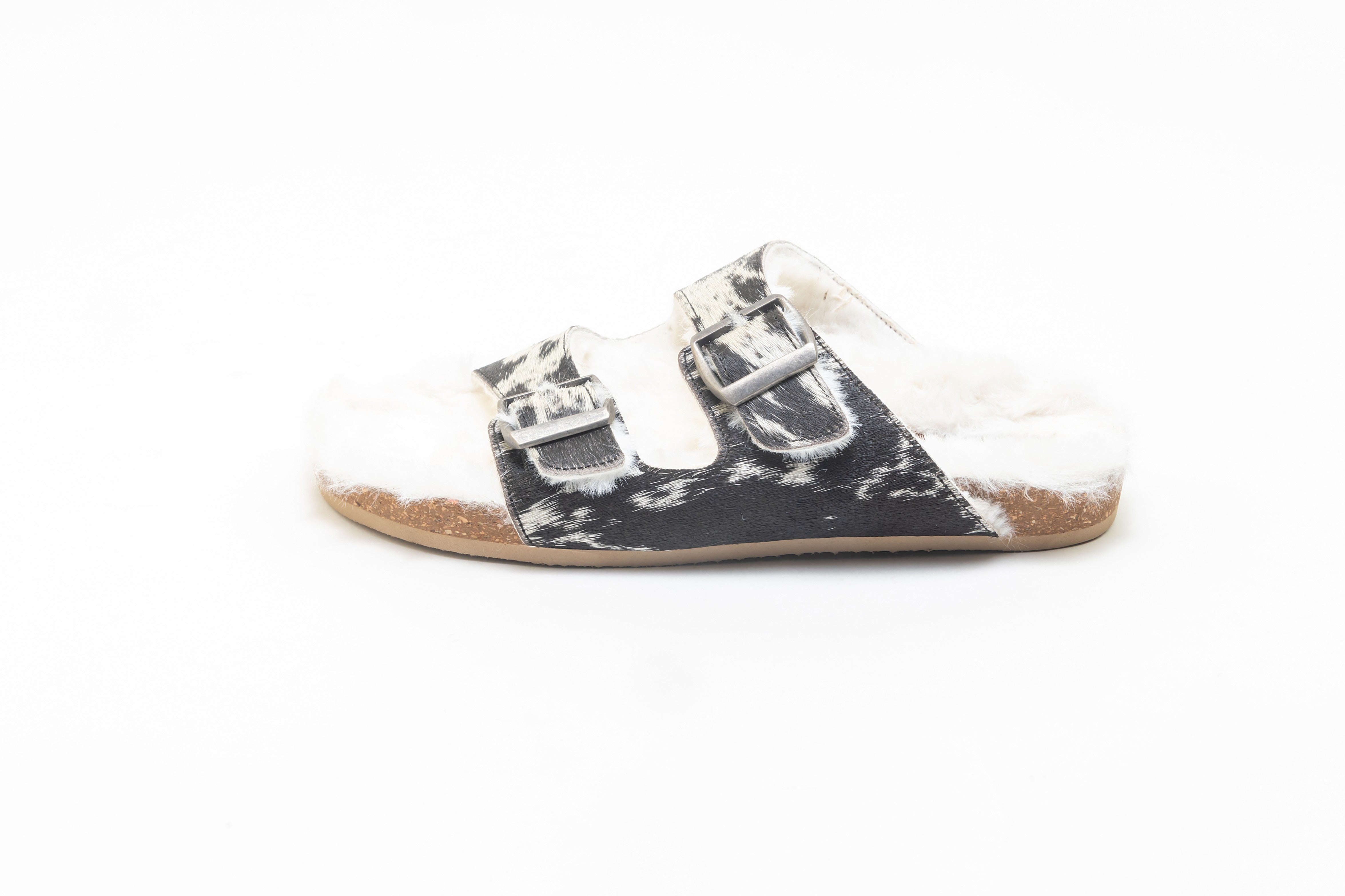Prairie Winds Fur Comfort Hairon Leather Sandals In Black & White