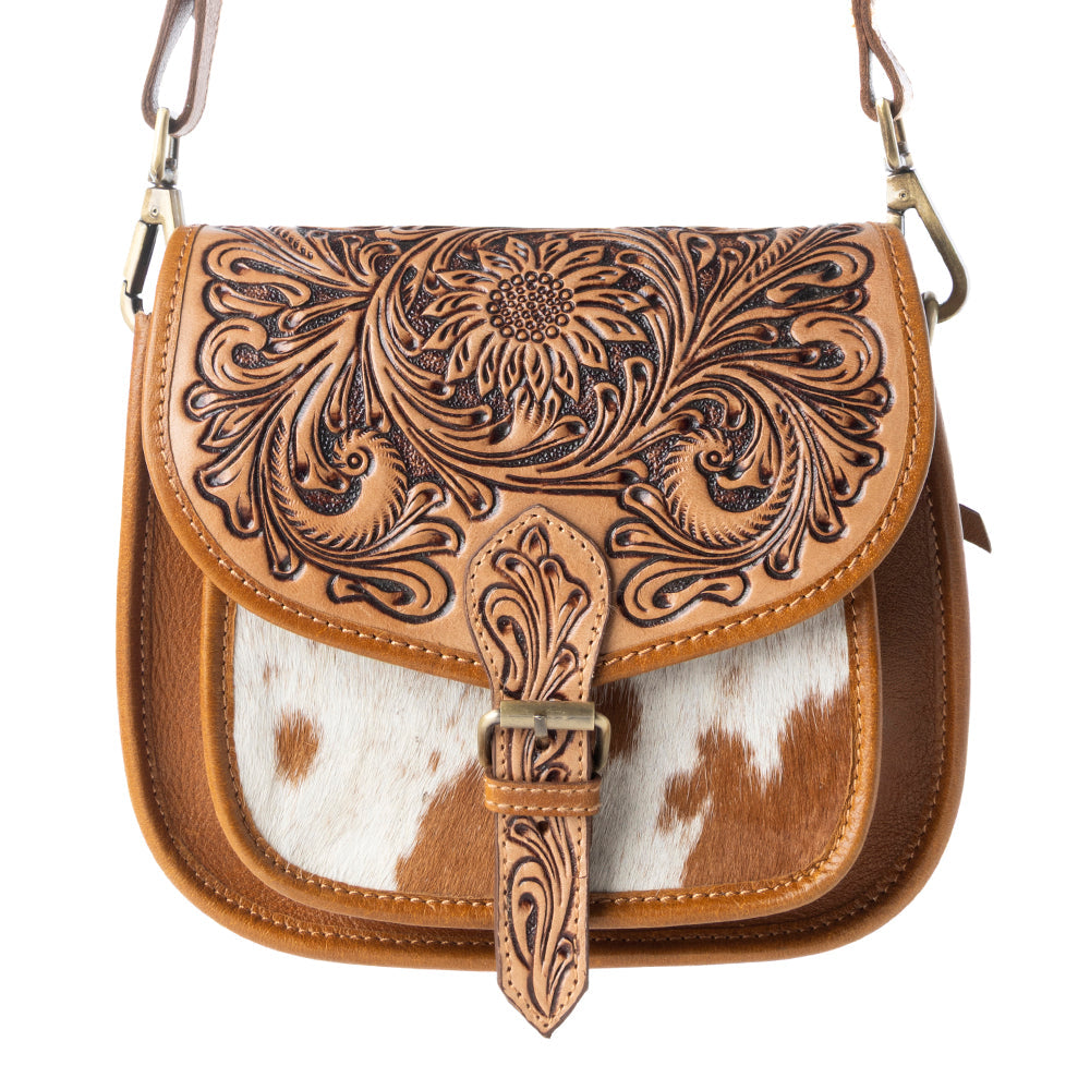Goldrush Saddle handtooled Bag for Women in saddle tan with hair-on detail - Myra USA