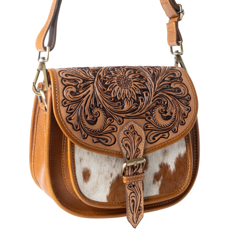Goldrush Saddle handtooled Bag for Women in saddle tan with hair-on detail - Myra USA