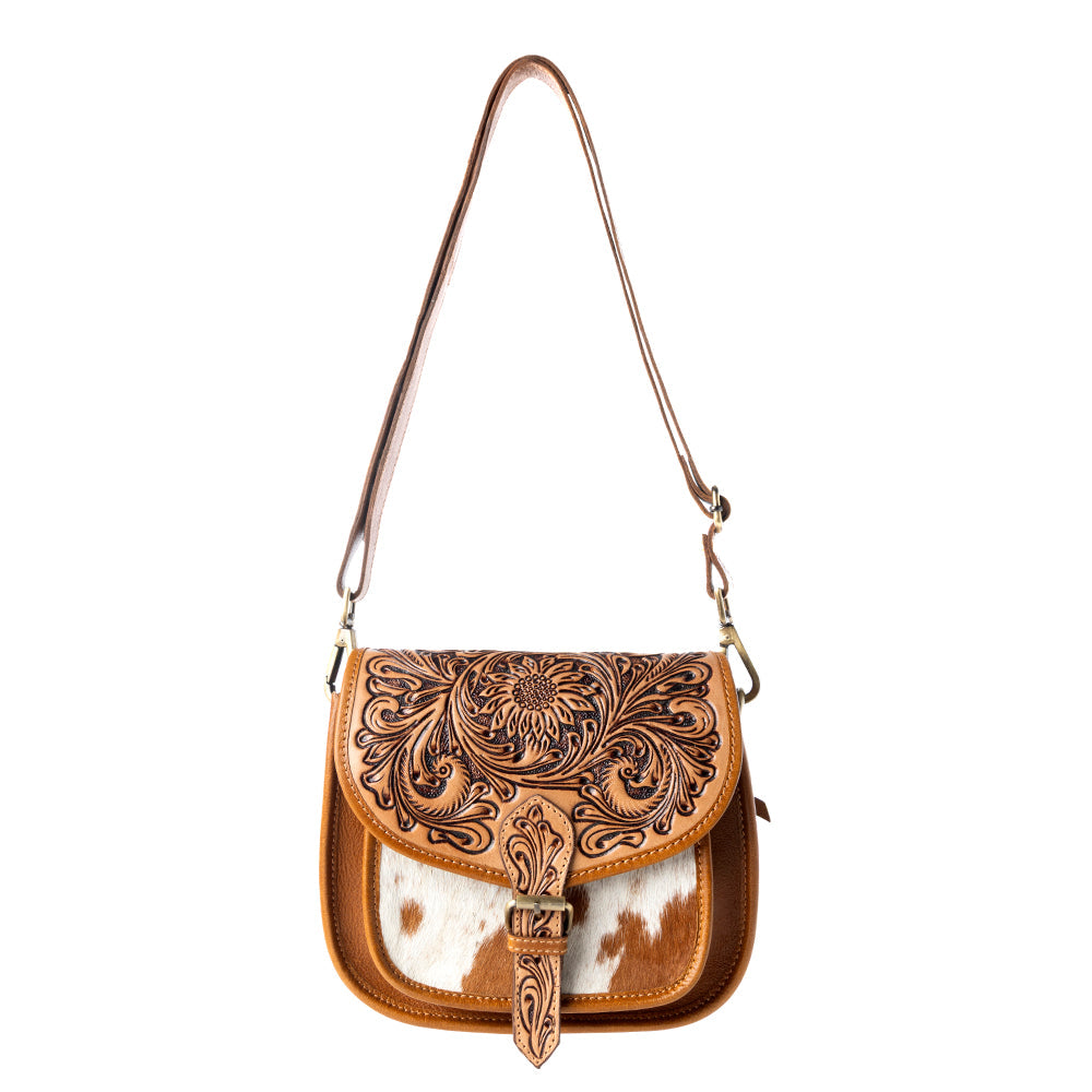 Goldrush Saddle handtooled Bag for Women in saddle tan with hair-on detail - Myra USA