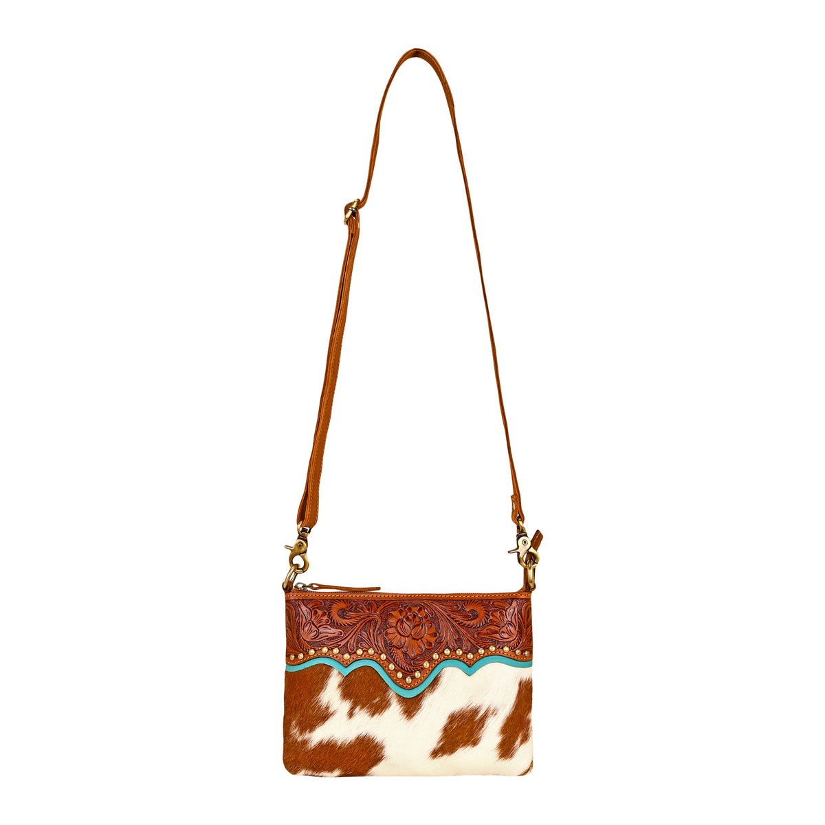 Myra Latigo Crossbody Bag for Women in brown with hair on and handtooled leather - Myra USA