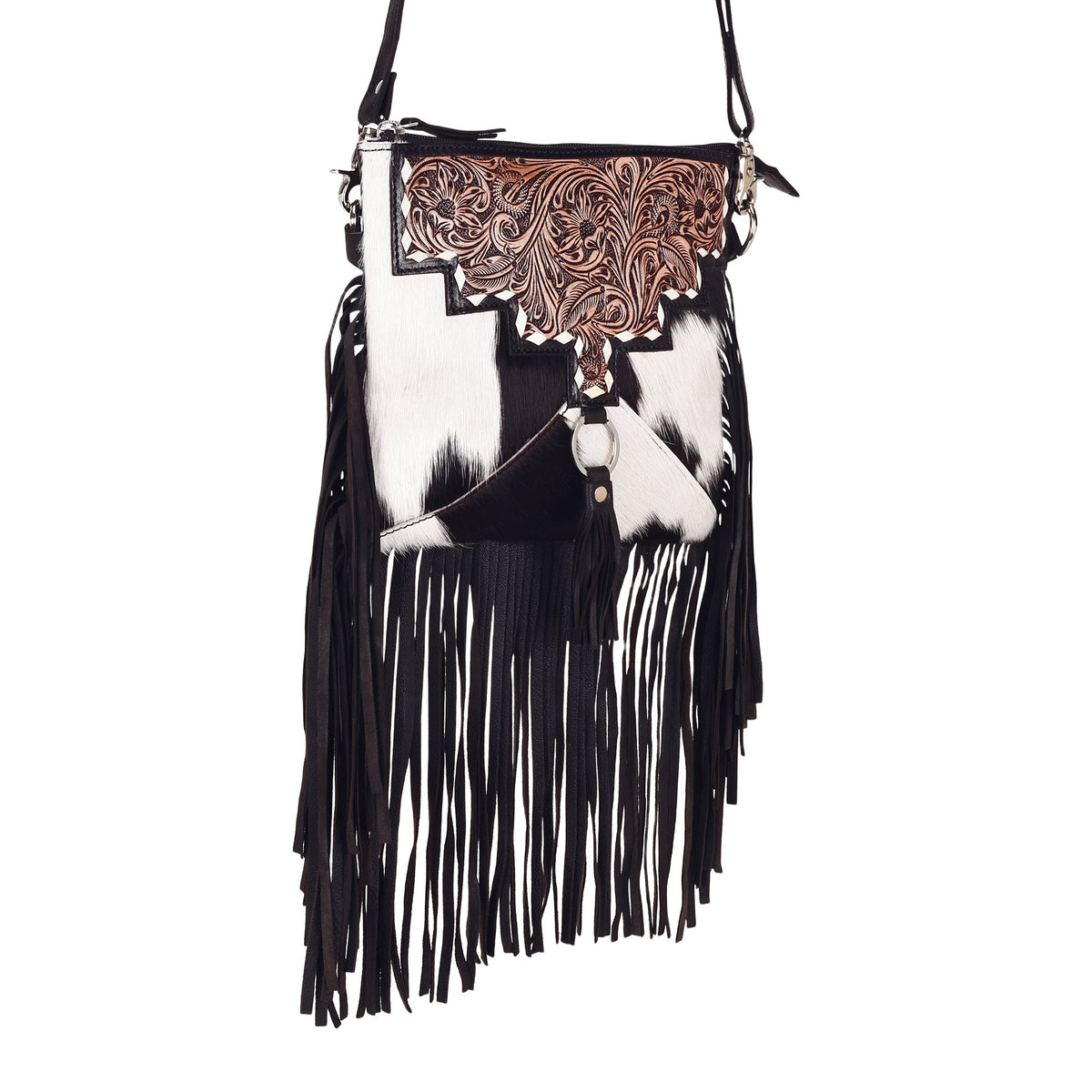 Myra Brindis Crossbody Bag for Women in black with hair on and handtooled leather - Myra USA