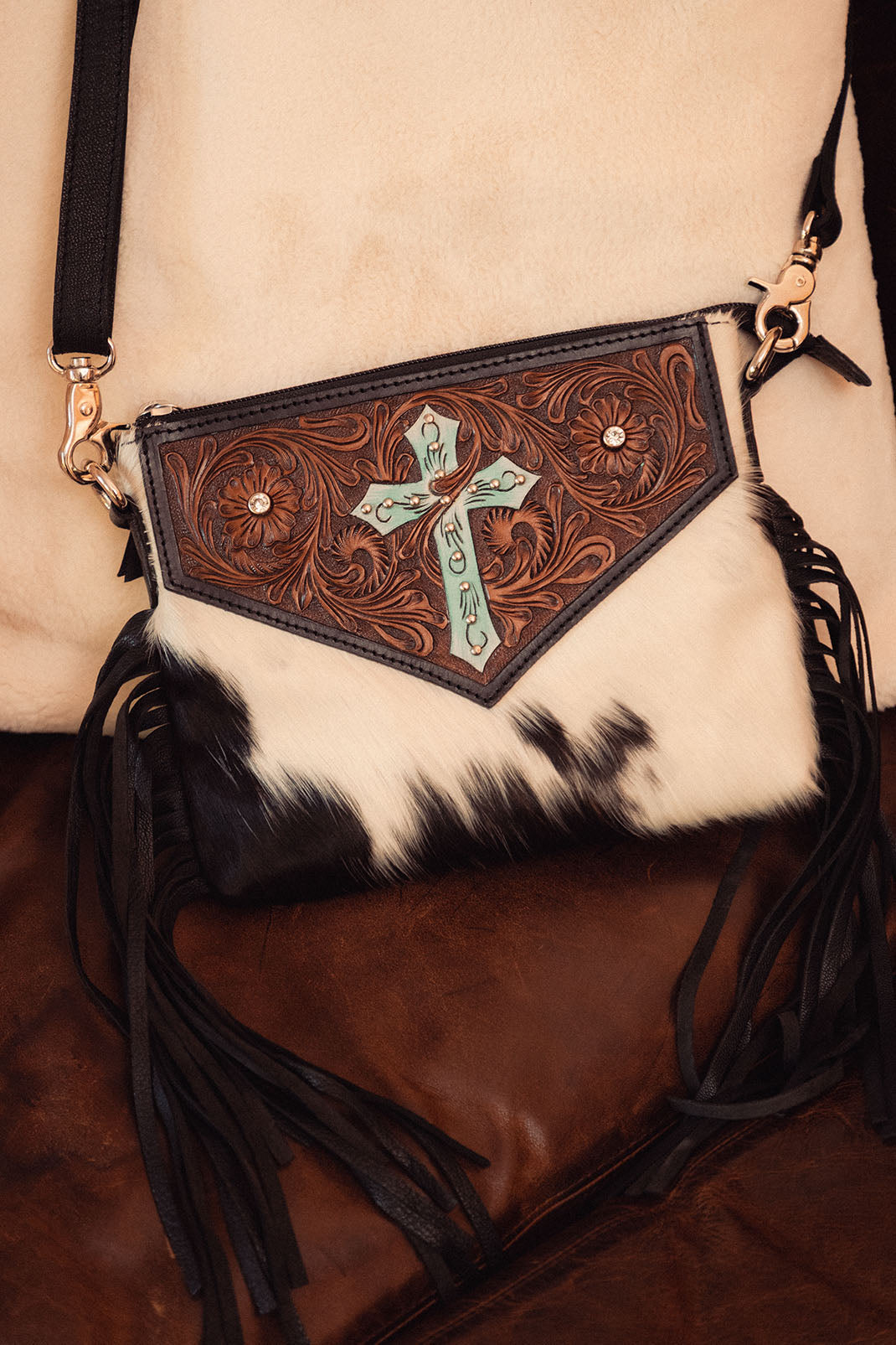 Myra Shalom Crossbody Bag for Women in black with hair on and handtooled cross - Myra USA