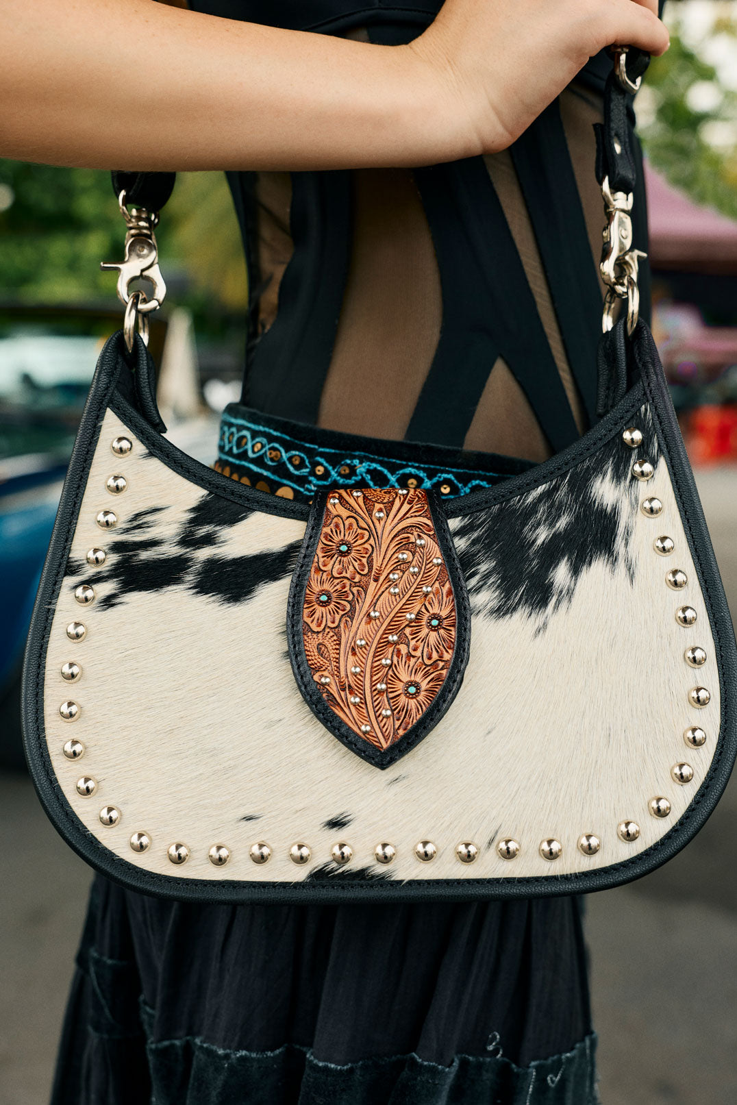 Myra Santa Fe Handtooled Bag for Women in Black with hairon and studded detail - Myra USA