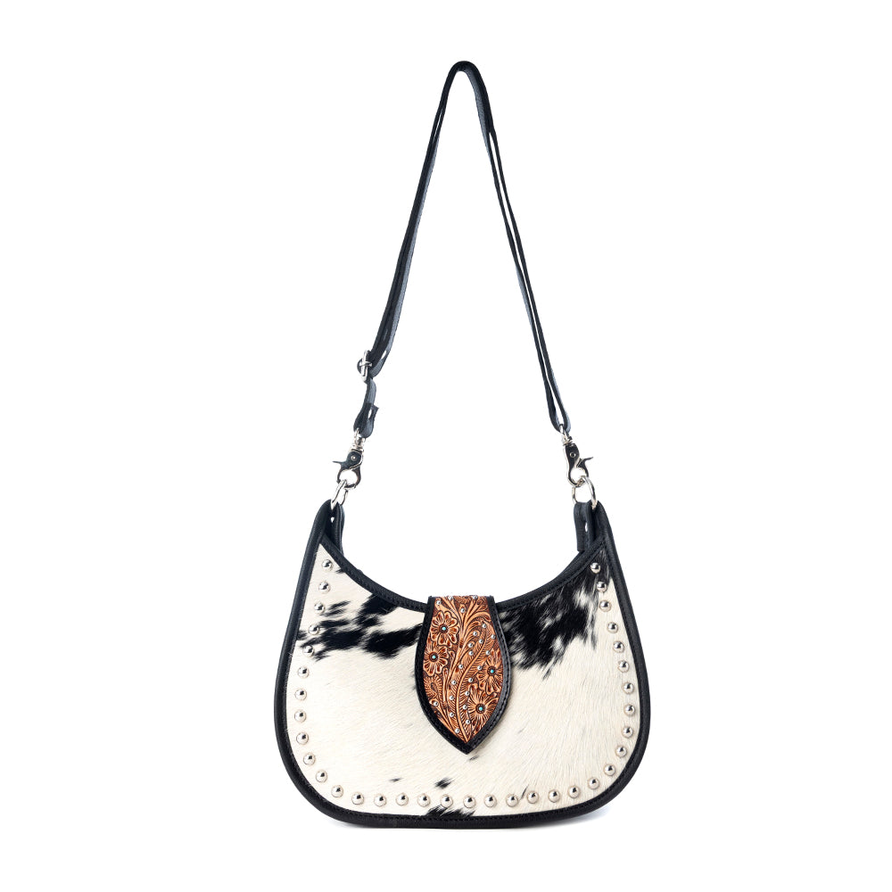 Santa Fe Handtooled Bag for Women in Black with hairon and studded detail - Myra USA