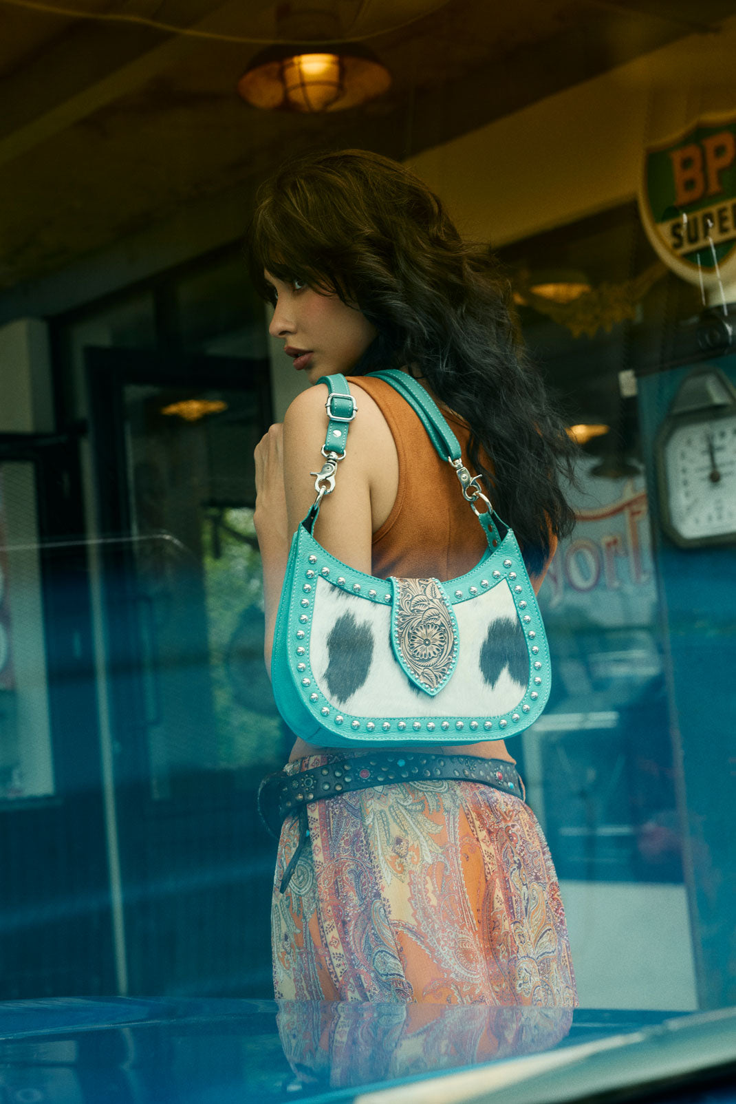 Myra Santa Fe Handtooled Bag for Women in Turquoise with hairon and studded detail - Myra USA