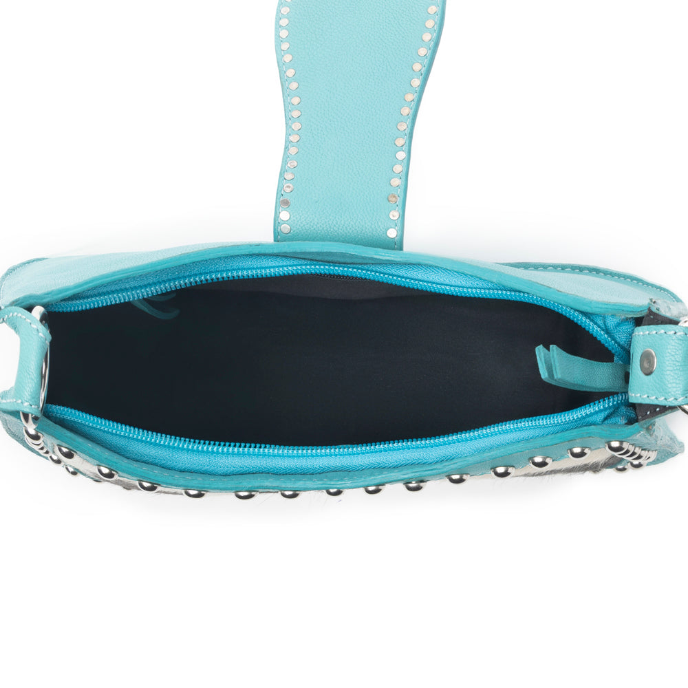 Santa Fe Handtooled Bag for Women in Turquoise with hairon and studded detail - Myra USA