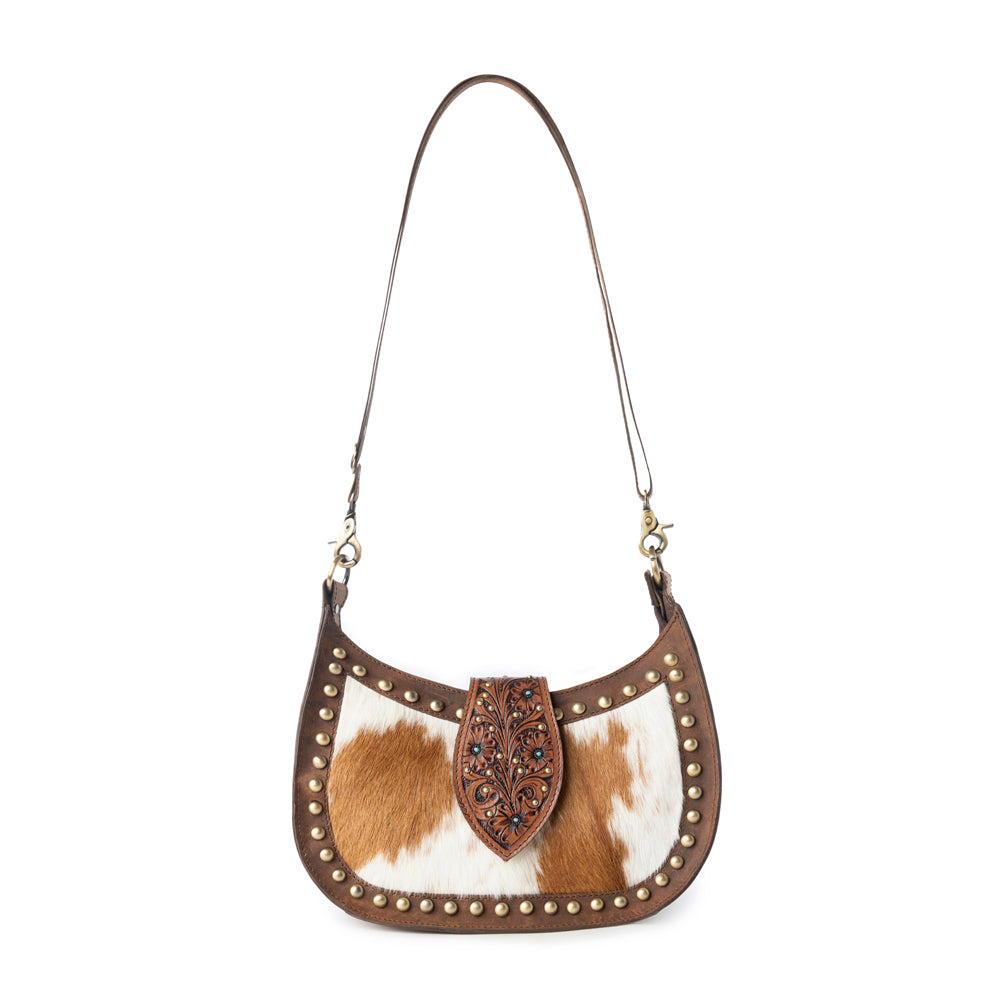 Santa Fe Handtooled Bag for Women in Brown with hairon and studded detail - Myra USA