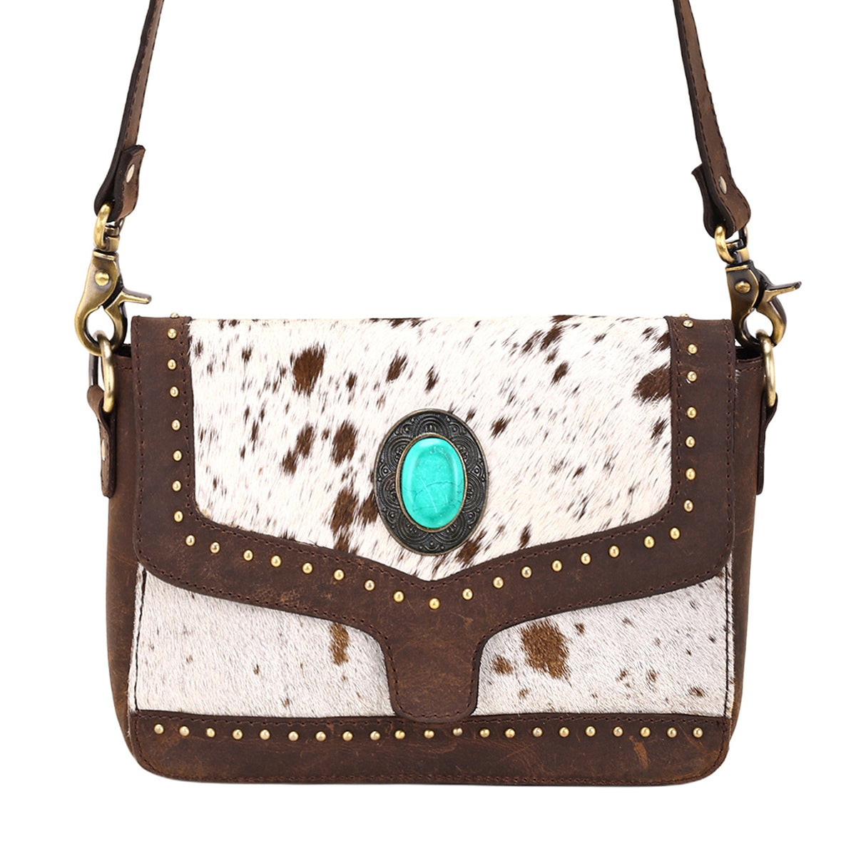 Myra Dustridge Crossbody Bag for Women in brown with hair on, studs and turquoise concho - Myra USA