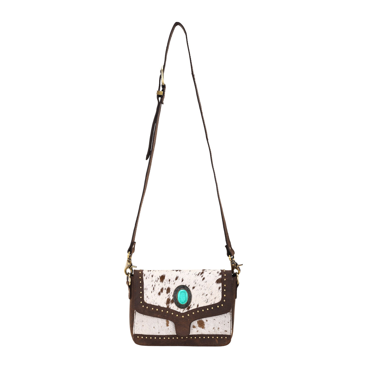 Myra Dustridge Crossbody Bag for Women in brown with hair on, studs and turquoise concho - Myra USA