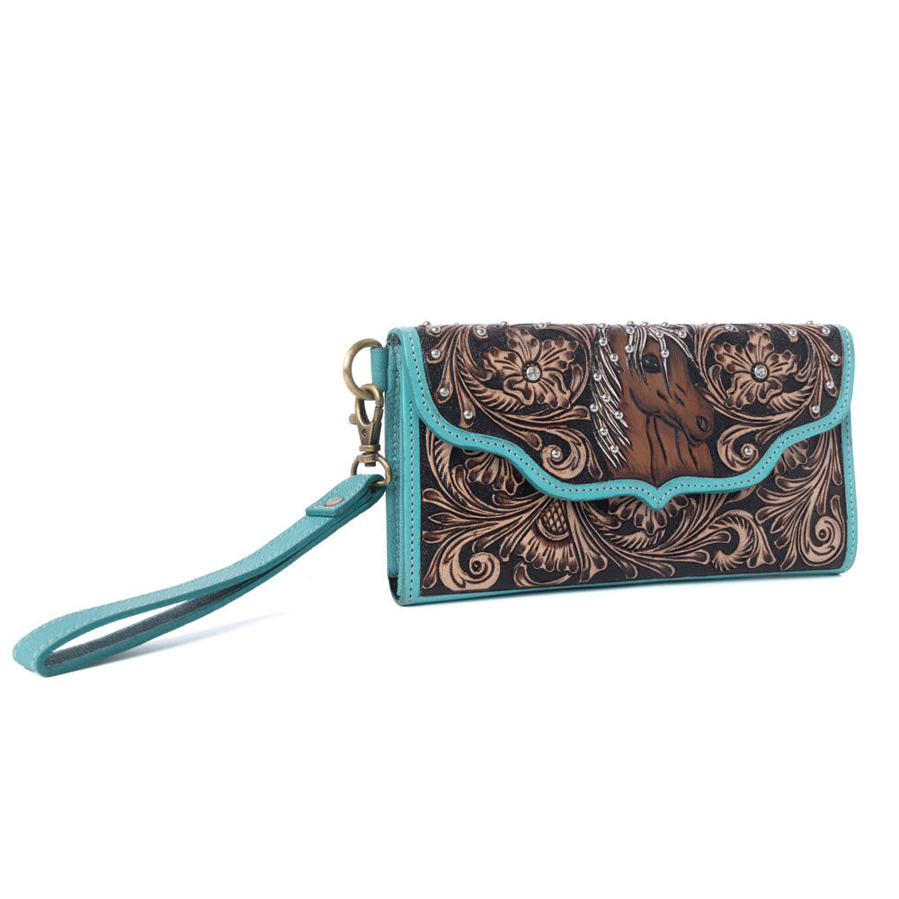 Myra Sunfire Valley Handtooled Hairon Leather Women’s Wallet in Turquoise Pearl - Myra USA