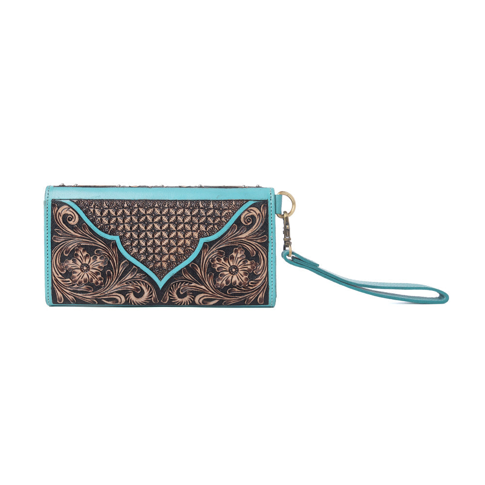 Myra Sunfire Valley Handtooled Hairon Leather Women’s Wallet in Turquoise Pearl - Myra USA