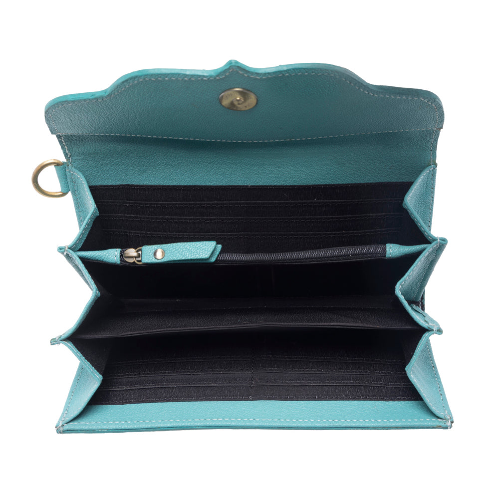 Myra Sunfire Valley Handtooled Hairon Leather Women’s Wallet in Turquoise Pearl - Myra USA