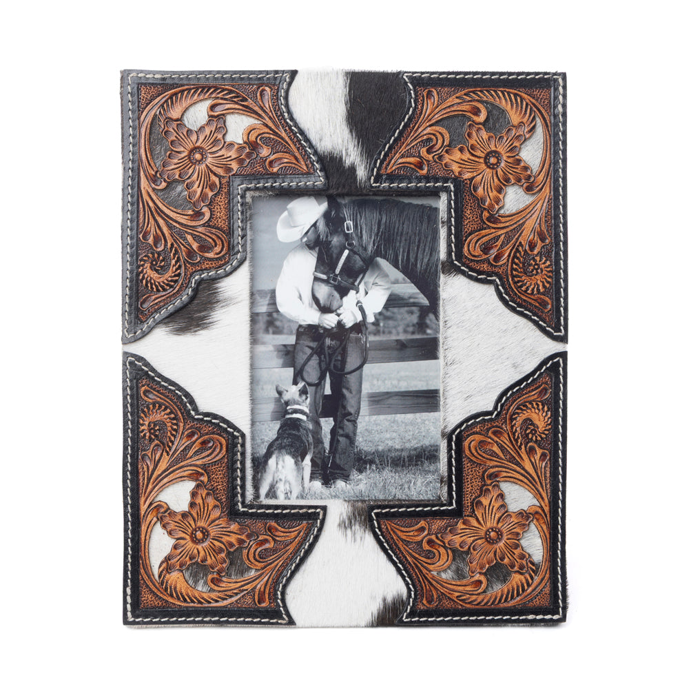 Cornerstone Handtooled Leather Photo Frame in brown with hairon detail, western home décor - Myra USA