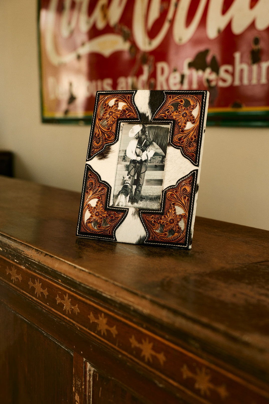 Myra Cornerstone Handtooled Leather Photo Frame in brown with hairon detail, western home décor - Myra USA