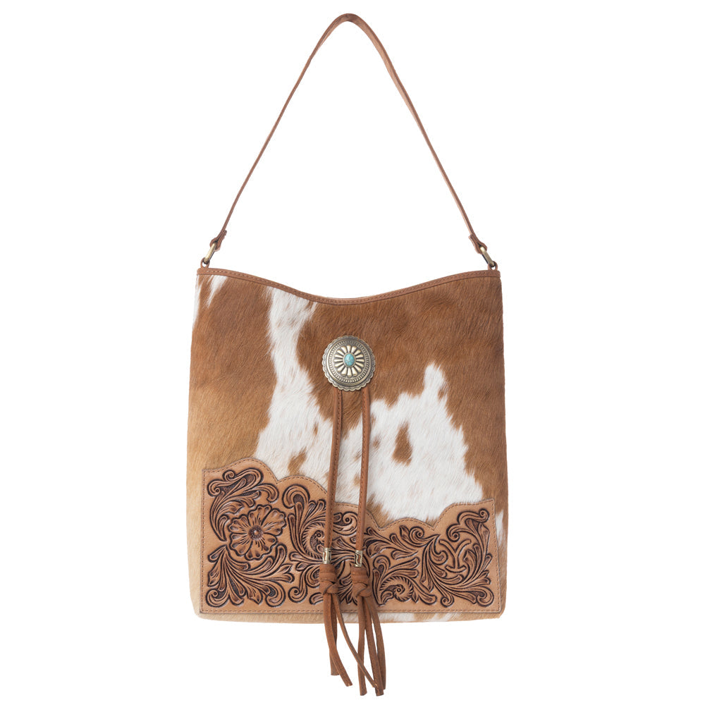 Myra Yellowstone Tawny Ridge Handtooled Hairon Concealed Carry Bag in Ivory Mocha - Myra USA