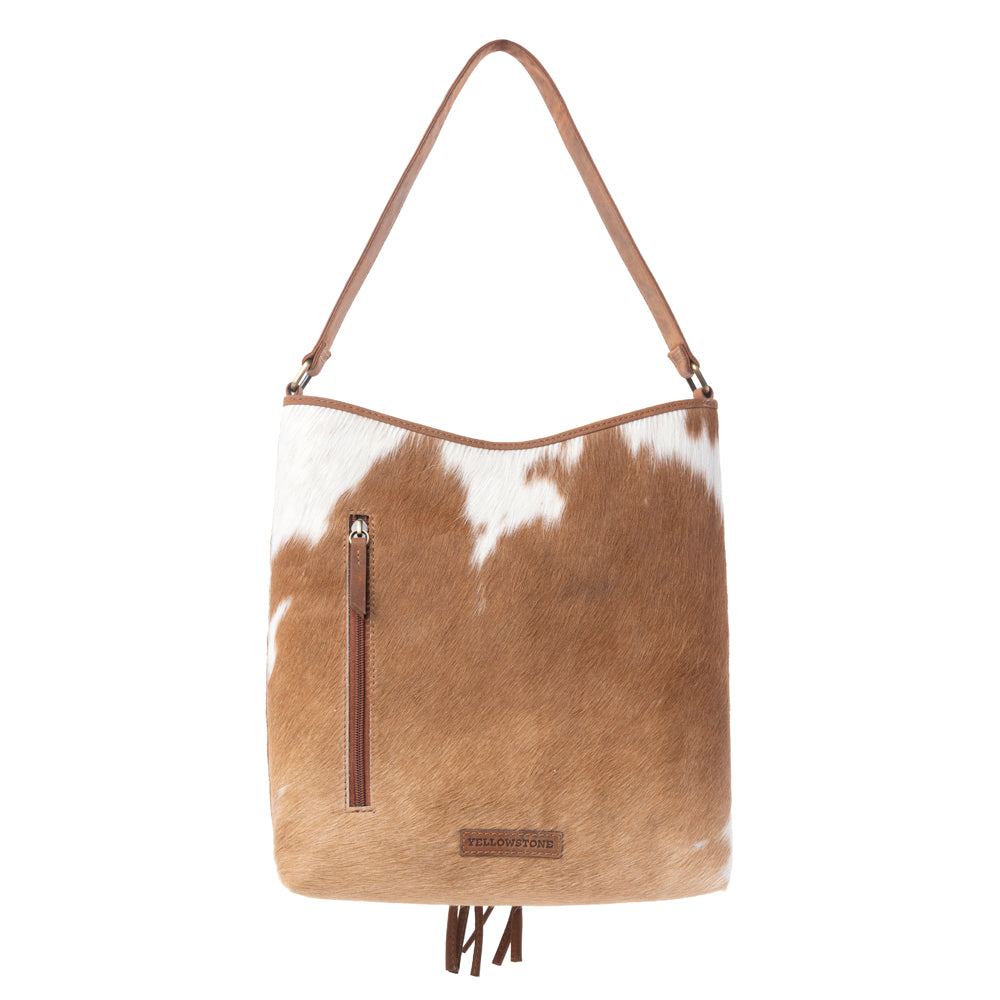 Myra Yellowstone Tawny Ridge Handtooled Hairon Concealed Carry Bag in Ivory Mocha - Myra USA