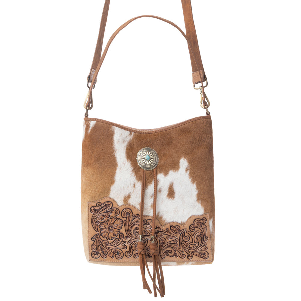 Myra Yellowstone Tawny Ridge Handtooled Hairon Concealed Carry Bag in Ivory Mocha - Myra USA