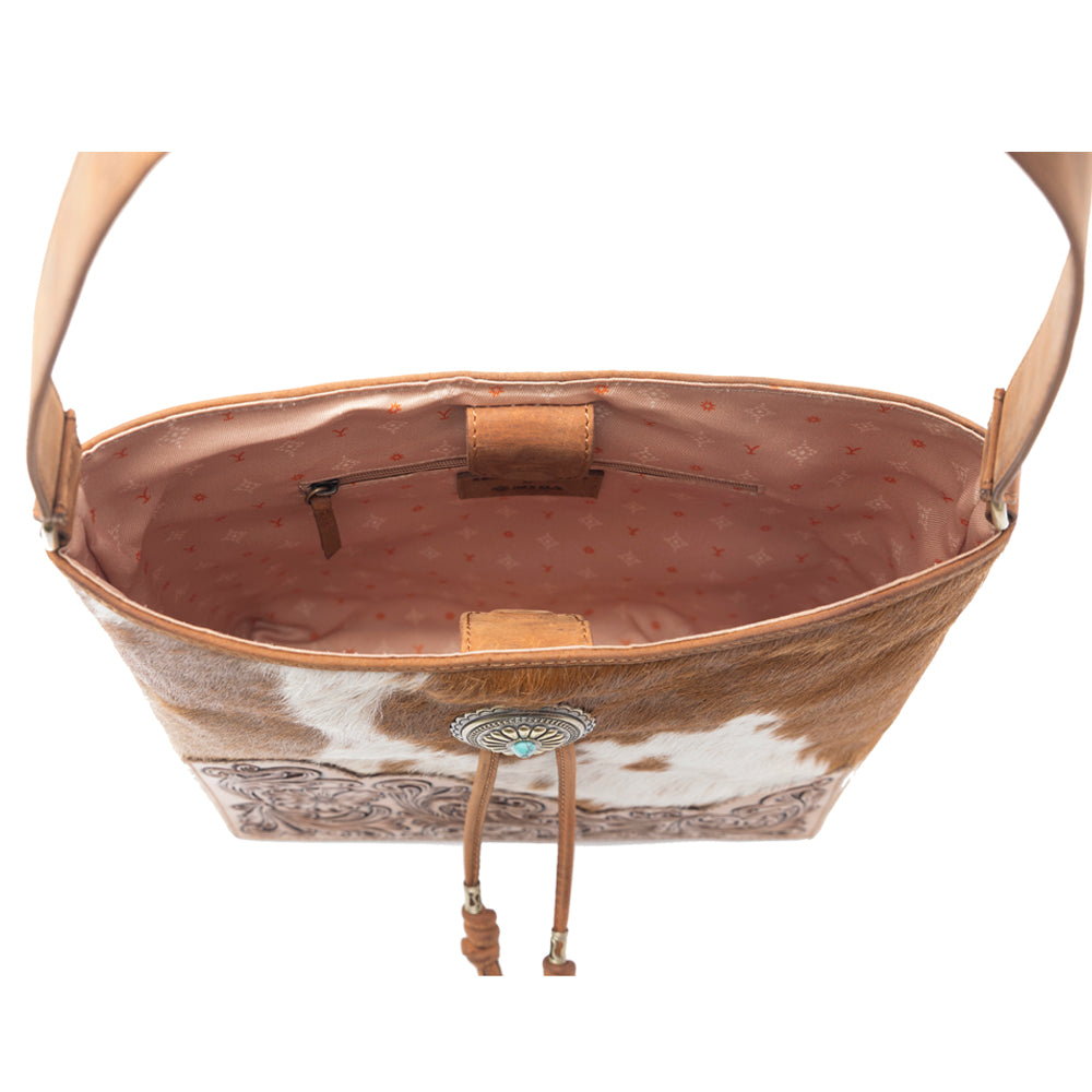 Myra Yellowstone Tawny Ridge Handtooled Hairon Concealed Carry Bag in Ivory Mocha - Myra USA
